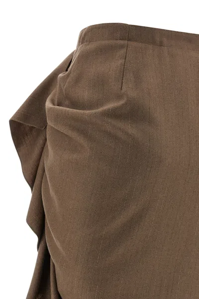 Fabiana Filippi Pinstriped Virgin Wool Midi Skirt With Draping In Brown