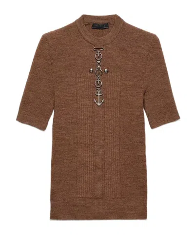 Prada Short Sleeve Wool Knit With Anchor Detail In Brown
