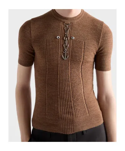 Prada Short Sleeve Wool Knit With Anchor Detail In Brown