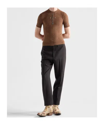 Prada Short Sleeve Wool Knit With Anchor Detail In Brown
