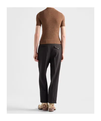 Prada Short Sleeve Wool Knit With Anchor Detail In Brown