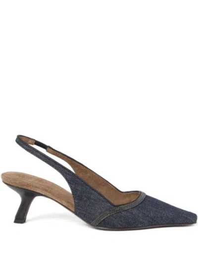 Brunello Cucinelli Denim Pointed-toe Slingback Pumps With Monili Trim In Black