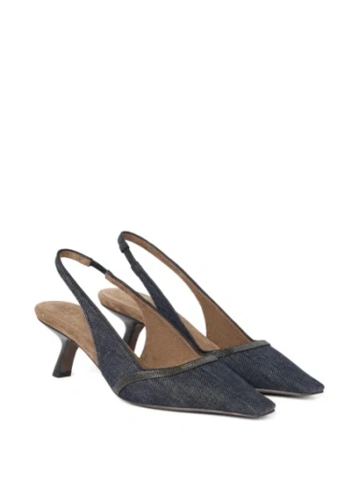 Brunello Cucinelli Denim Pointed-toe Slingback Pumps With Monili Trim In Black