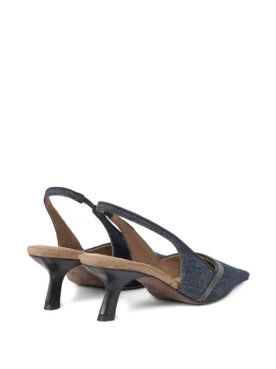 Brunello Cucinelli Denim Pointed-toe Slingback Pumps With Monili Trim In Black