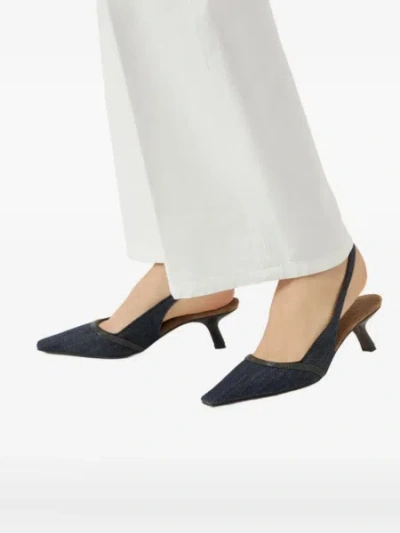 Brunello Cucinelli Denim Pointed-toe Slingback Pumps With Monili Trim In Black