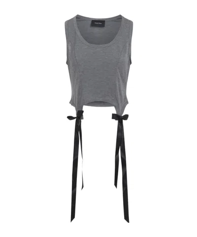 Simone Rocha Cropped Grey Lyocell Tank Top With Asymmetric Hem And Bow Tails In Gray