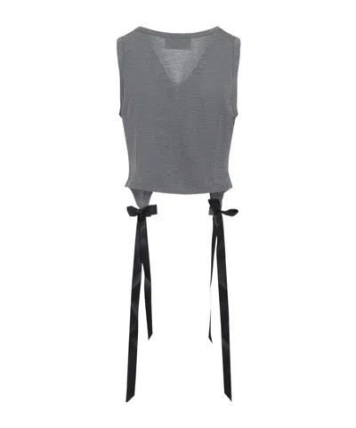 Simone Rocha Cropped Grey Lyocell Tank Top With Asymmetric Hem And Bow Tails In Gray