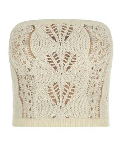 Ermanno Scervino Strapless Cropped Knit Top With Sheer Accents In White