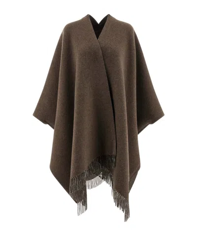 Brunello Cucinelli Reversible Poncho With Fringe And Plaid In Gray