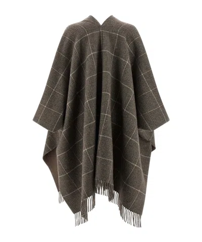 Brunello Cucinelli Reversible Poncho With Fringe And Plaid In Gray
