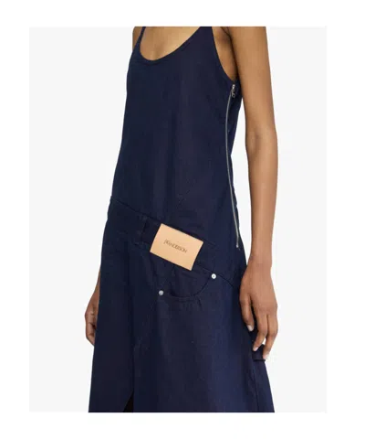 Jw Anderson Navy Twisted Workwear Denim Midi Dress In Blue