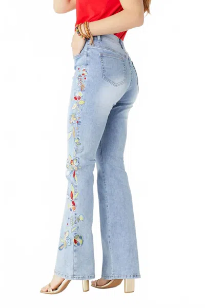 Coco + Carmen Everstretch Flare With Bright Color Embroidery Jeans In Light Denim In Blue