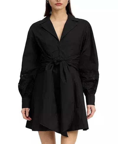 En Saison Benedetta Eyelet Detail Long Sleeve Cotton Mini Shirtdress In Black