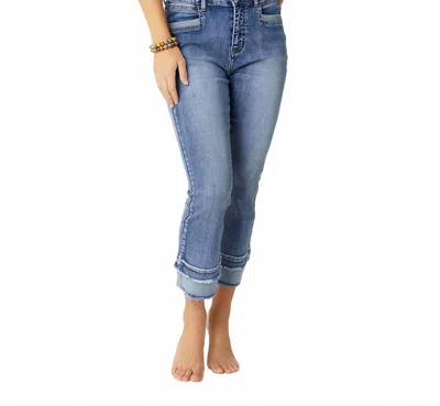 Coco + Carmen Everstretch Straight Ankle With Multi Colored Embroidered Stripe In Medium Denim In Blue