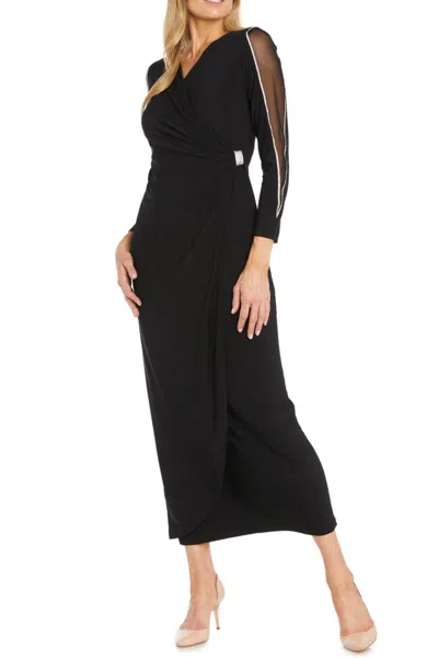 R & M Richards Long Faux Wrap Style Evening Dress In Black In Black