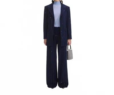 Self-portrait Rhinestone Pinstripe Trousers In Navy In Blue