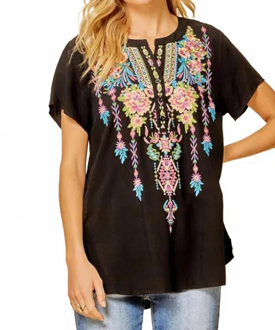 Andree By Unit Short Sleeve Embroidered Top In Black In Black