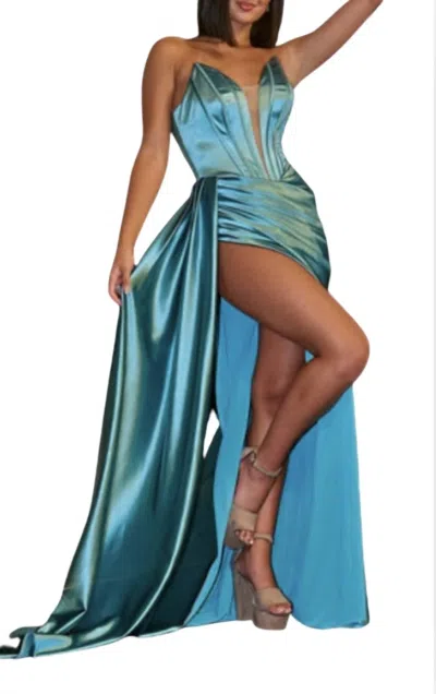 Portia And Scarlett Strapless Fitted High Slit Gown In Teal In Blue
