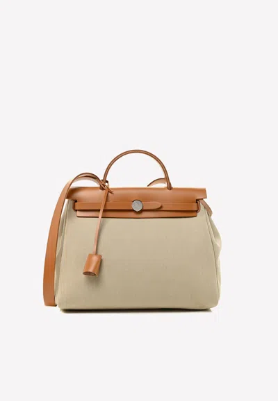 Hermes Herbag Zip 31 Pm In Beton And Natural Vache Hunter Toile In Beton