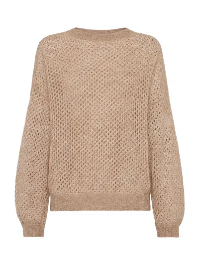 Brunello Cucinelli Net Sweater With Crew Neck And Open-knit Design In Gold