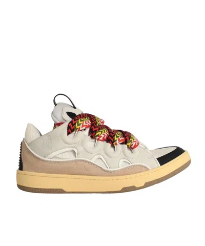 Lanvin Curb Leather Sneakers With Multicolor Laces In Neutral