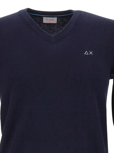 Sun 68 Embroidered-logo V-neck Sweater In Blue