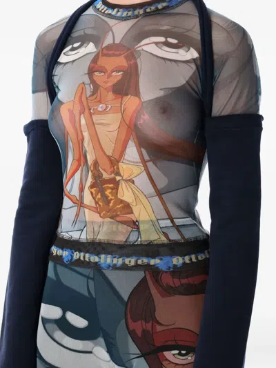 Ottolinger Julien Ceccaldi Printed Mesh Top With Sleeves In Gray