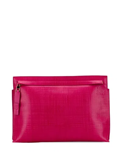 Pre-owned Loewe 2016 Large Linen Embossed Patent Anagram Repeat T Pouch Clutch Bag In Pink