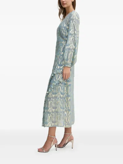 Never Fully Dressed Metallic-print Ruffled Midi Dress In Blue