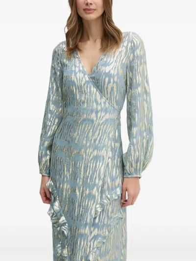 Never Fully Dressed Metallic-print Ruffled Midi Dress In Blue