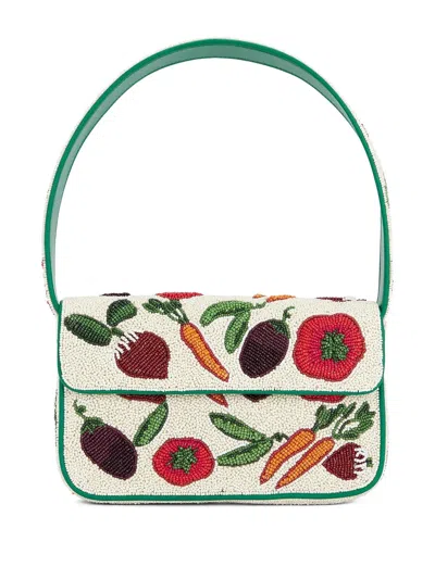 Staud Beaded Shoulder Bag Leather Strap In Neutral