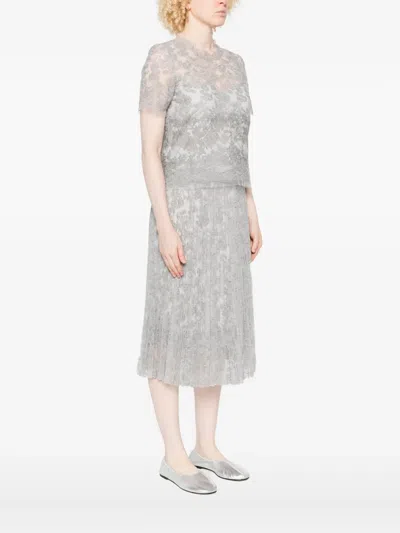 Ermanno Scervino Floral Lace Round Neck Sheer Top In Gray
