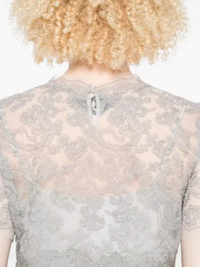 Ermanno Scervino Floral Lace Round Neck Sheer Top In Gray