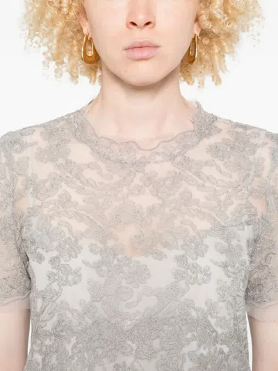 Ermanno Scervino Floral Lace Round Neck Sheer Top In Gray