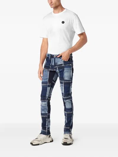 Philipp Plein Patchwork Topstitching Denim Jeans In Blue