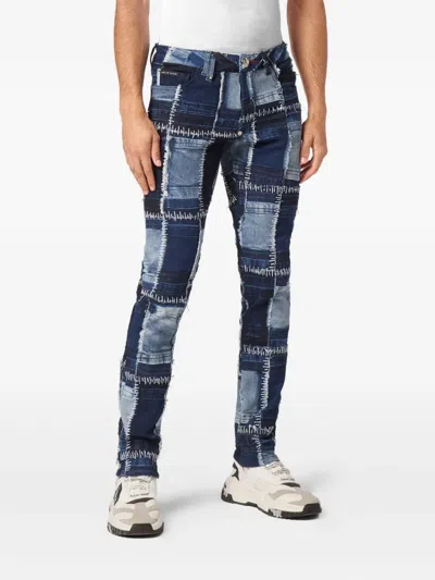 Philipp Plein Patchwork Topstitching Denim Jeans In Blue