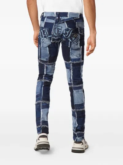 Philipp Plein Patchwork Topstitching Denim Jeans In Blue