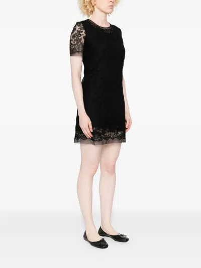 Ermanno Scervino Floral Lace Mini Dress With Sheer Sleeves In Black