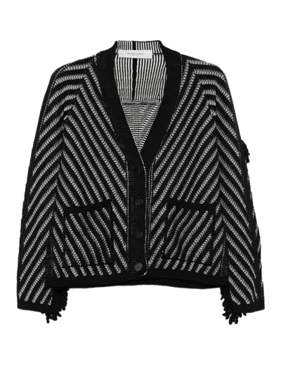 Golden Goose Journey W's Olidia Knit Cardigan Fringe Wool Herringbone Jacquard Knitwear Black In Black