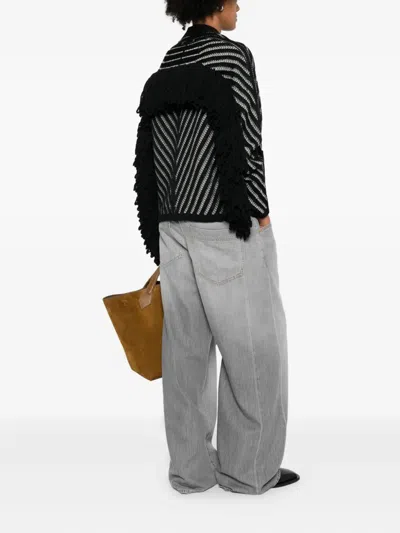 Golden Goose Journey W's Olidia Knit Cardigan Fringe Wool Herringbone Jacquard Knitwear Black In Black