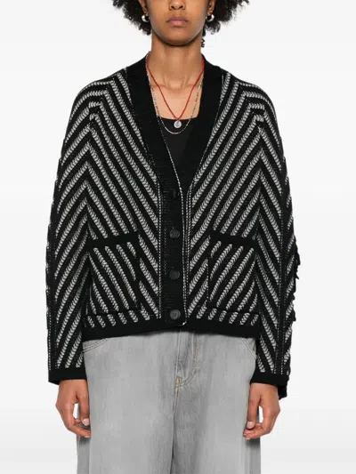 Golden Goose Journey W's Olidia Knit Cardigan Fringe Wool Herringbone Jacquard Knitwear Black In Black