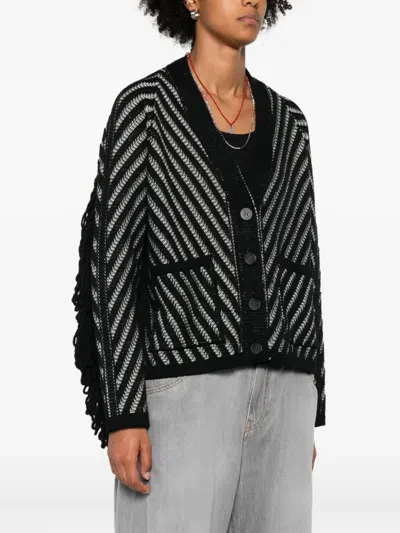 Golden Goose Journey W's Olidia Knit Cardigan Fringe Wool Herringbone Jacquard Knitwear Black In Black