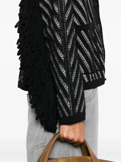 Golden Goose Journey W's Olidia Knit Cardigan Fringe Wool Herringbone Jacquard Knitwear Black In Black