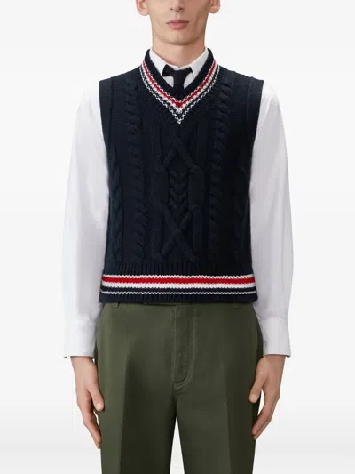 Thom Browne Navy Aran Cable Stitch Merino Wool Vest In Blue