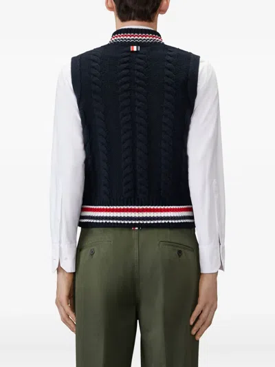 Thom Browne Navy Aran Cable Stitch Merino Wool Vest In Blue
