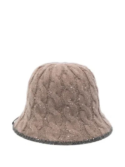 Brunello Cucinelli Textured Knit Cloche Hat Sequined Embellishments In Brown