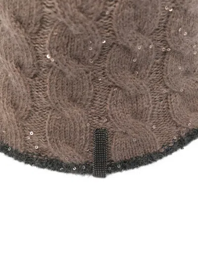 Brunello Cucinelli Textured Knit Cloche Hat Sequined Embellishments In Brown