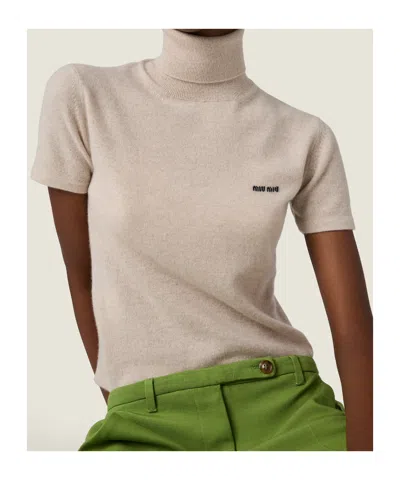 Miu Miu Sandy Colored Turtleneck Sweater In Cashmere In Neutral