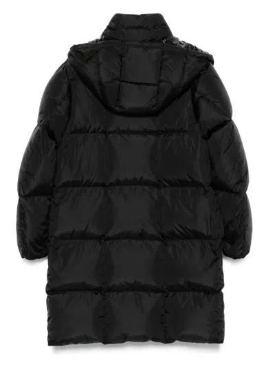 Moncler Long Little Down Jacket With Square Quilting And Hood In Black