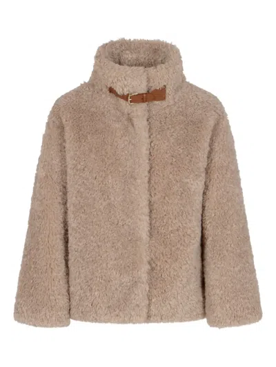 Herno Teddy Bear Texture Coat With High Collar In Brown